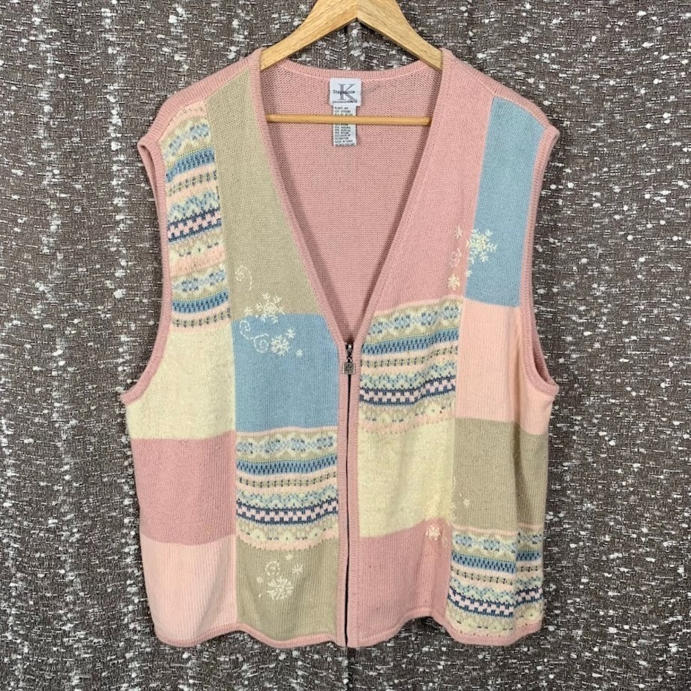 Vintage Stephanie‎ K Knit Sweater Vest Full Zip Patchwork Snowflakes Women's XL